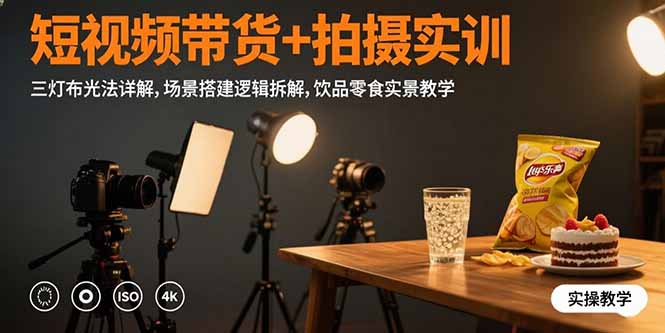短视频带货+拍摄实训：三灯布光法详解,场景搭建逻辑拆解,饮品零食实景教学-清风网创资源站
