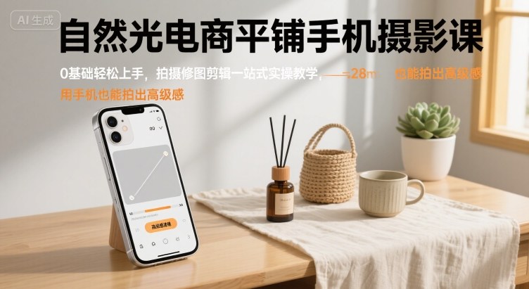 自然光电商平铺手机摄影课，0基础轻松上手，拍摄修图剪辑一站式实操教学，用手机也能拍出高级感-清风网创资源站