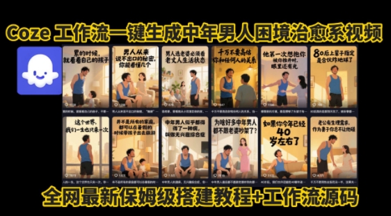 coze工作流一键生成”中年男人困境扎心高涨粉高播放量图文视频”保姆级拆解教程，无需剪辑，无需拍摄写文案-清风网创资源站