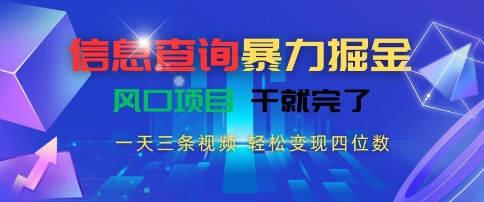信息查询暴力掘金，一天三条视频，轻松变现四位数，风口项目干就完了【揭秘】-清风网创资源站