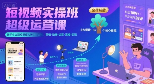 短视频实操班超级运营课，新手小白到短视频大神必修课程，剪辑-拍摄-运营-直播-变现-清风网创资源站