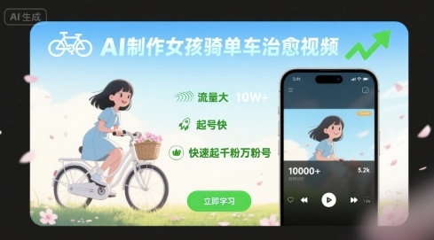 AI制作女孩骑单车治愈视频，流量大，起号快，快速起千粉万粉号-清风网创资源站