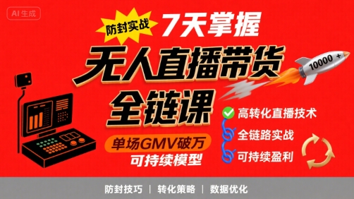 无人直播带货全链防封实战课，7天掌握高转化直播技术，实现单场GMV破万可持续模型-清风网创资源站