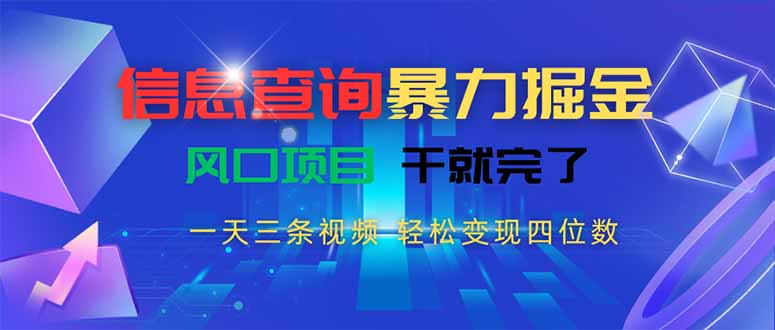 信息查询暴力掘金，一天三条视频 轻松变现四位数，风口项目干就完了-清风网创资源站