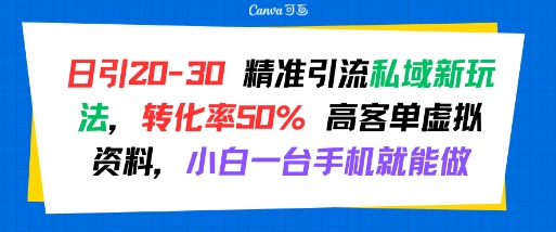日引 20-30 精准引流私域新玩法，转化率50% 高客单虚拟资料，小白一台手机就能做-清风网创资源站