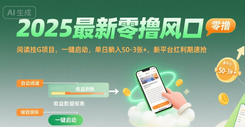 2025最新零撸风口，阅读挂G项目，一键启动，单日躺入 50-3张+，新平台红利期速抢【揭秘】-清风网创资源站