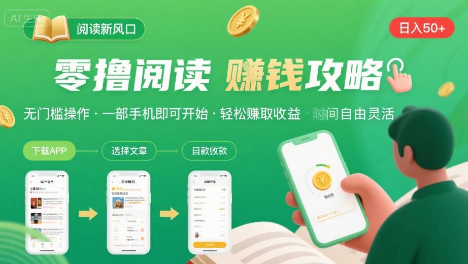 零撸阅读新风口，无门槛轻松挣，一部手机，日入 50-3张【揭秘】-清风网创资源站