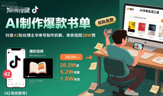 AI制作爆款书单，抖音42粉丝博主书单号制作拆解，单条视频28W赞-清风网创资源站