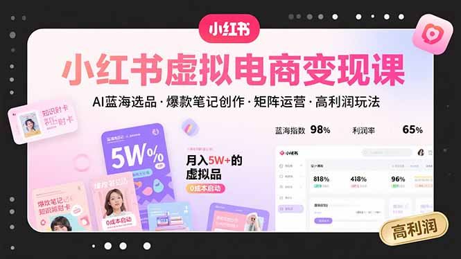 小红书虚拟电商变现课，AI蓝海选品，爆款笔记创作，矩阵运营，高利润玩法-清风网创资源站