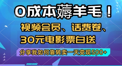 0成本薅羊毛!视频会员、话费卷、30元电影票白送，分享我如何靠转卖一天变现5张+【揭秘】-清风网创资源站