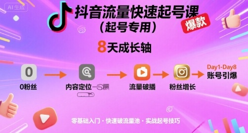 抖音流量快速起号课(起号专用)，8天带你做爆自己的账号-清风网创资源站