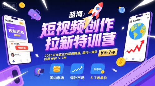 短视频创作拉新特训营，2025开年真正的蓝海赛道，国内+海外，拉新单价5-7米-清风网创资源站