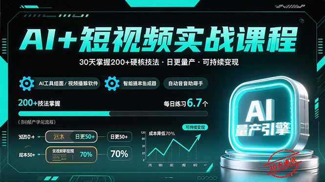 AI+短视频实战课程：30天掌握200+硬核技法，实现日更量产可持续变现-清风网创资源站