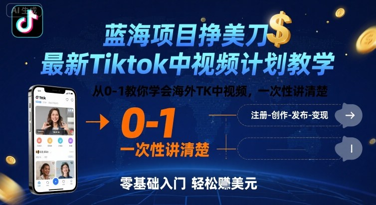 蓝海项目挣美刀，最新Tiktok中视频计划教学，从0-1教你学会海外TK中视频，一次性讲清楚-清风网创资源站