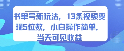 书单号新玩法，13条视频变现5位数，小白操作简单，当天可见收益-清风网创资源站