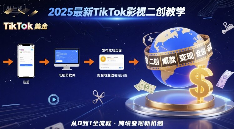 2025年最新TikTok影视二创教学，从注册到发布撸美金全流程，跨境变现新机遇-清风网创资源站