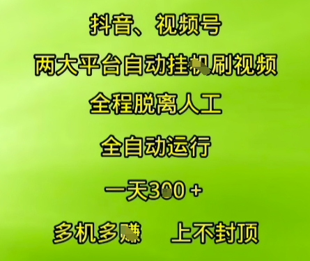 抖音视频号两大平台自动运行，全程脱离人工，自动获取收益，一天3张+，多机多挣，上不封顶【揭秘】-清风网创资源站