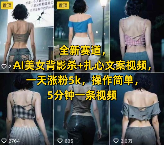 全新赛道，AI美女背影杀+扎心文案视频，一天涨粉5k，操作简单，5分钟一条视频-清风网创资源站