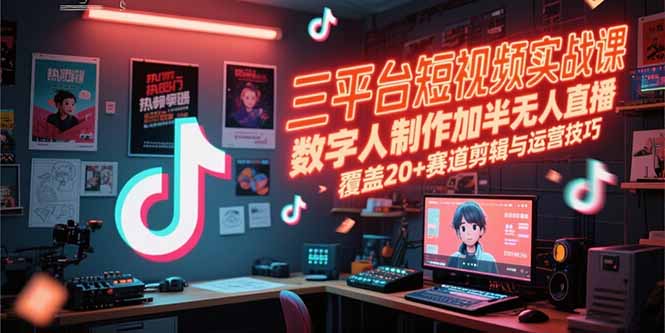 三平台短视频实战课，数字人制作加半无人直播，覆盖20+赛道剪辑与运营技巧-清风网创资源站
